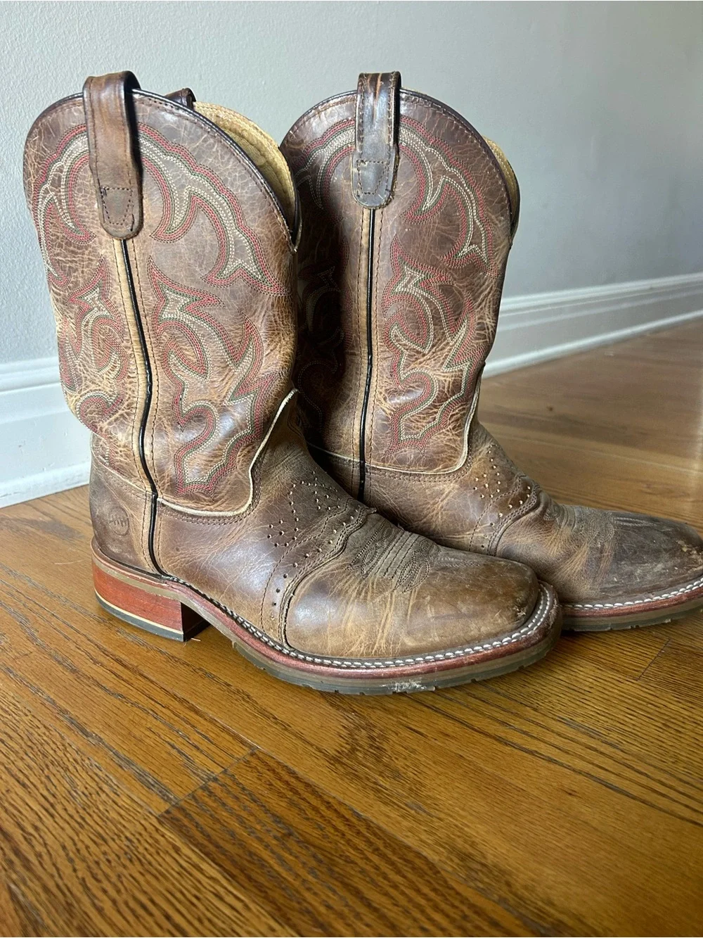 Double H Men's Distressed Brown Leather Western Boots with Red Stitching Accents